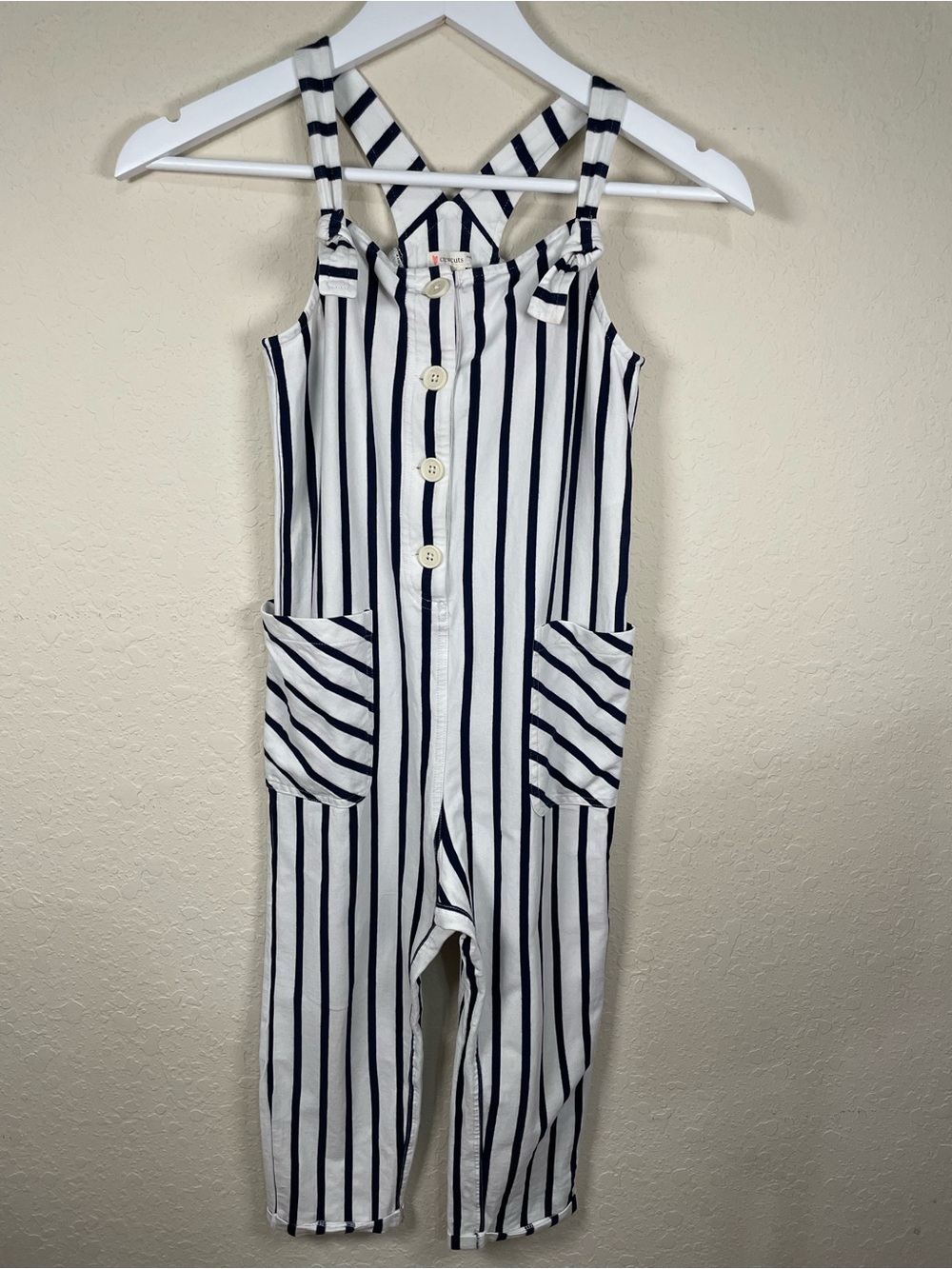 CREWCUTS J CREW | Girls Striped Jumpsuit Romper Overalls Pockets Navy White Sz 7